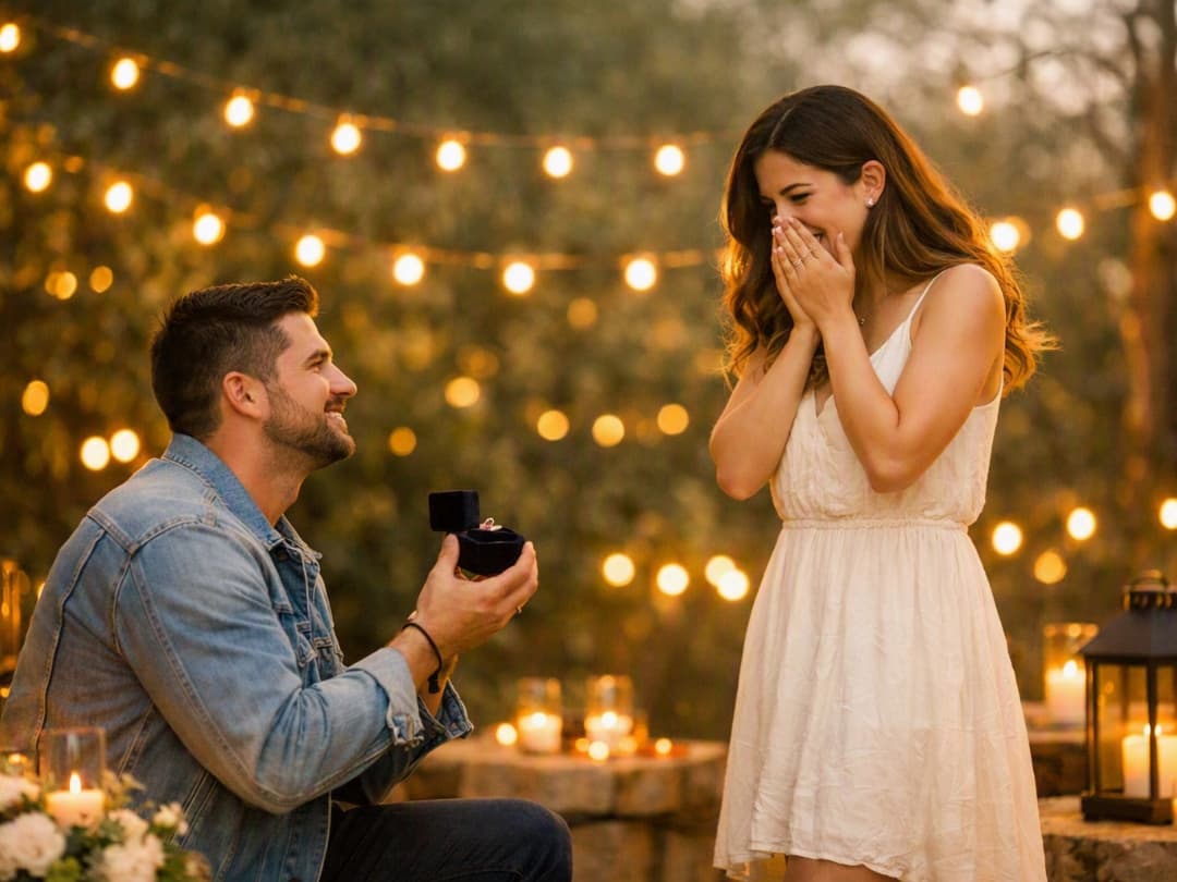 man-proposing-on-one-knee-to-surprised-woman-under-warm-string-lights-for-outdoors-romantic-proposal-ideas