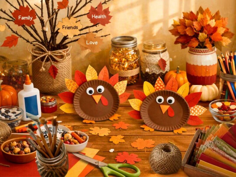 thanksgiving-craft-table-displaying-paper-plate-turkeys-mason-jars-and-a-gratitude-tree