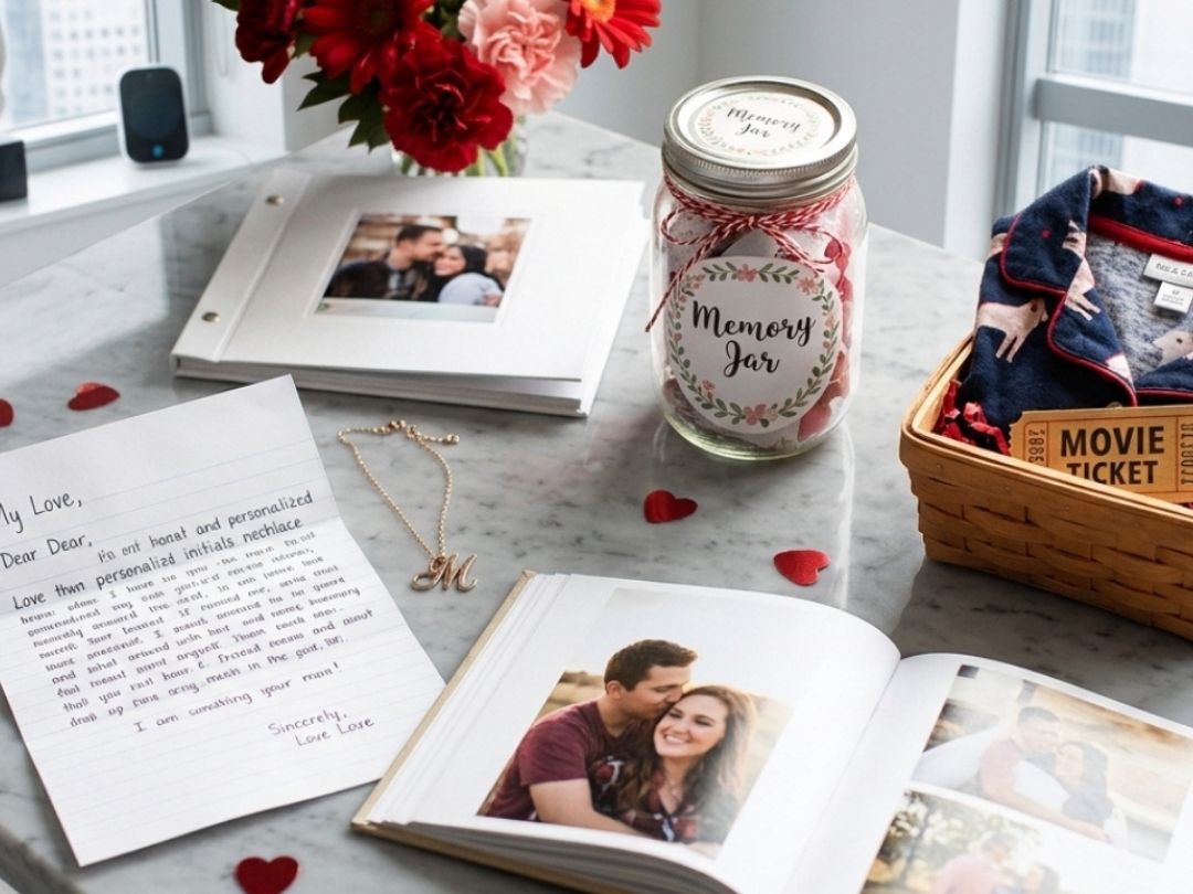 A-flat-lay-display-of-Valentine's-Day-gift-ideas-including-an-open-photo-album,-a-letter,-a-necklace,-a-memory-jar,-and-a-gift-basket-on-a-marble-tabletop.