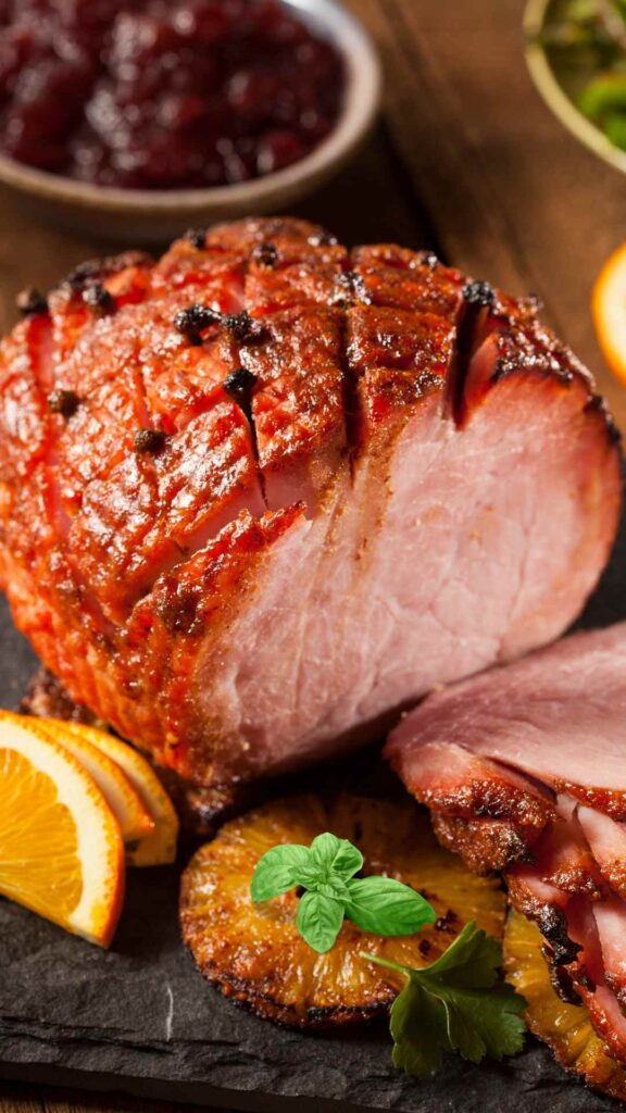 sliced-honey-glazed-holiday-ham-garnished-with-orange-slices-and-pineapple-easy-thanksgiving-potluck-ideas