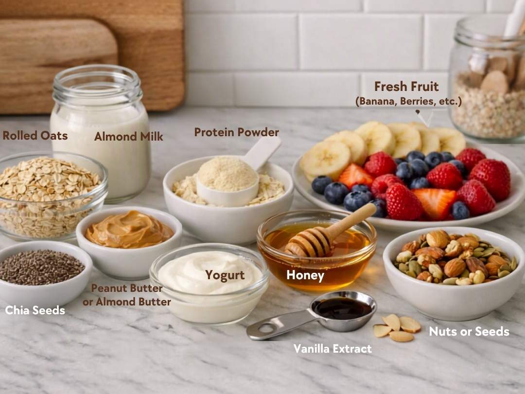 overnight-oats-ingredients-including-rolled-oats-almond-milk-chia-seeds-yogurt-and-fruit