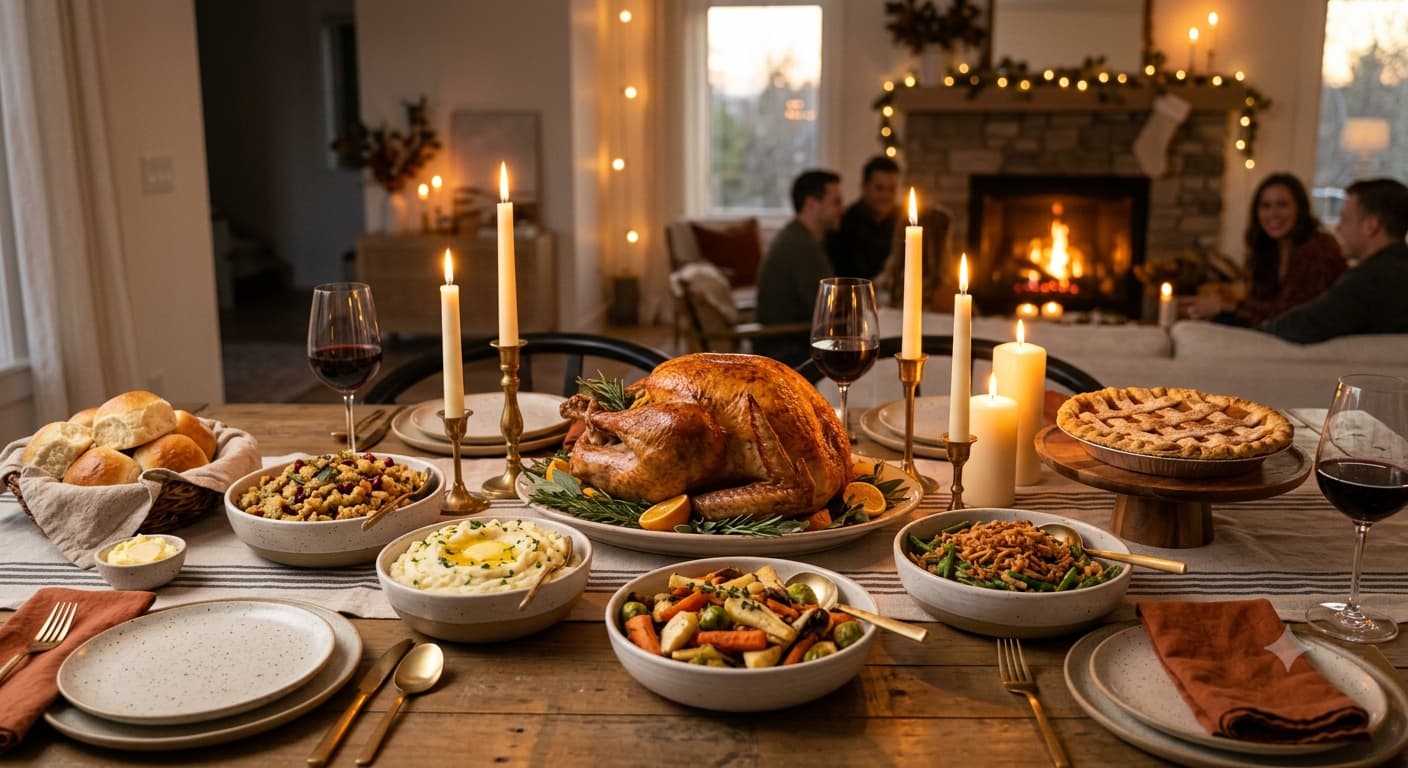 ‎a-simple-Thanksgiving-menu-Table consisting-of-turkey-different-side-dishes-bread-and-dessert-candles-glowing-on-to the-table