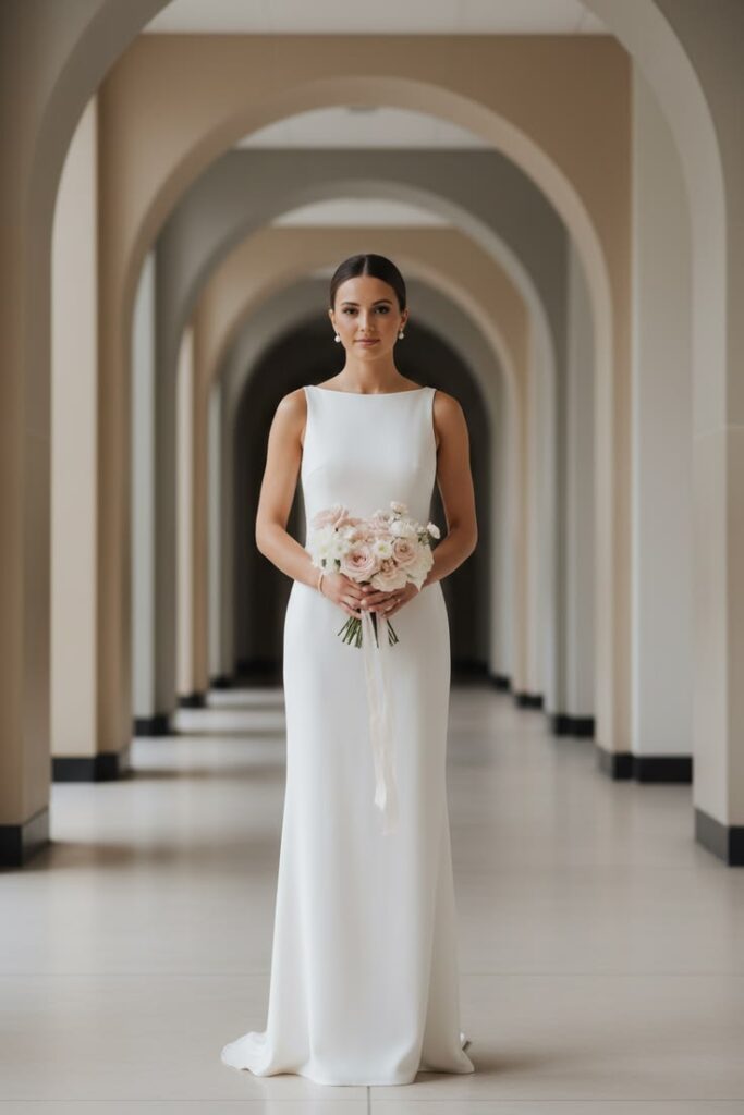 sleeveless-structured-crepe-column-wedding-dress-with-draped-boat-neckline