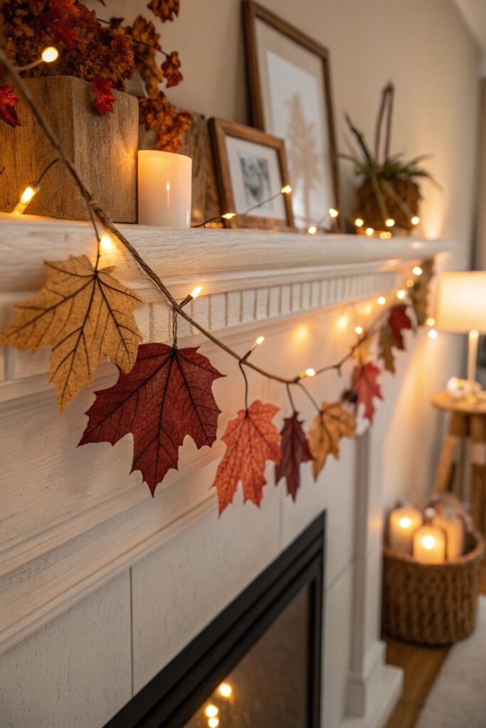 diy-fall-leaf-garland-with-twinkle-lights-draped-on-white-fireplace-mantel