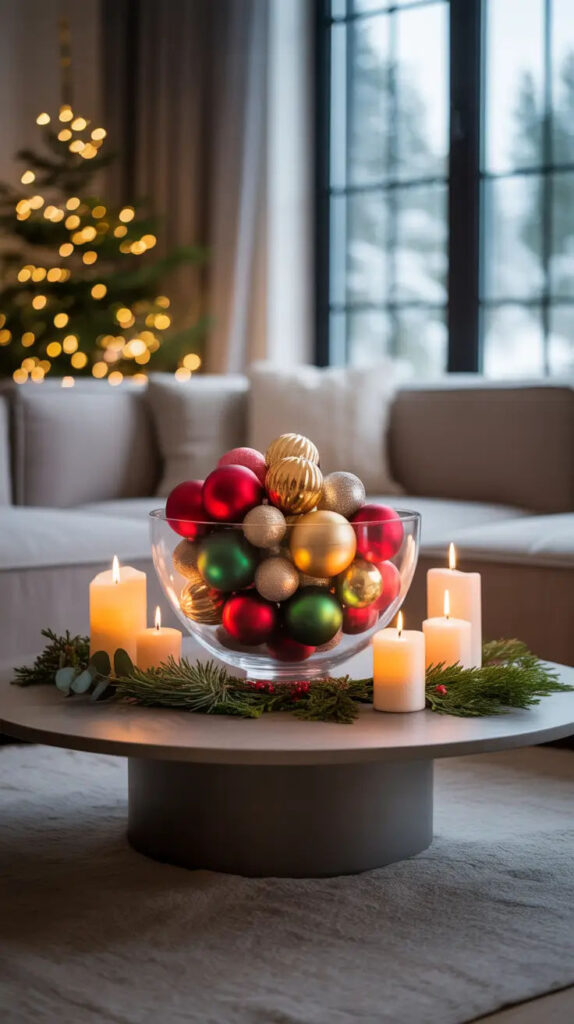 clear-pedestal-bowl-christmas-ornaments-table-decor-red-green-gold-baubles-candles-greenery-coffee-table-for