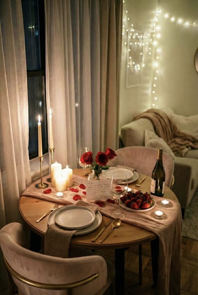 romantic-candlelight-dinner-date-at-home-with-roses-wine-and-fairy-lights