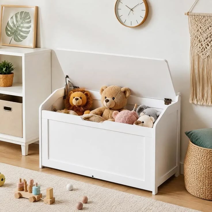 white-wooden-toy-chest-with-stuffed-animals-in-cozy-playroom