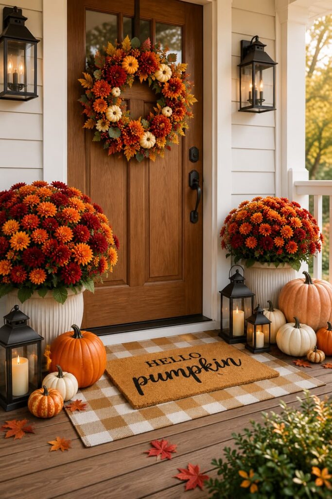 black-lanterns-with-lit-candles-and-pumpkins-on-front-porch-cozy-fall-decoration-ideas