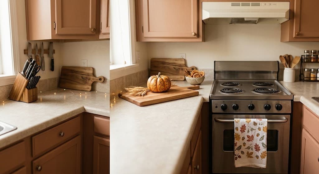 small-apartment-kitchen-countertop-with-fall-leaf-tea-towel-on-oven-wooden-cutting-board-mini-pumpkin-and-dried-citrus-slice-bowl