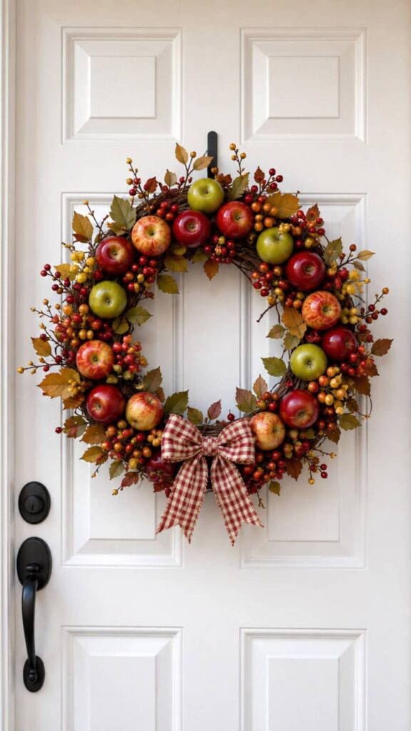 apple-inspired-fall-wreath-with-red-green-and-yellow-apples-berries-and-gingham-bow-on-white-front-door