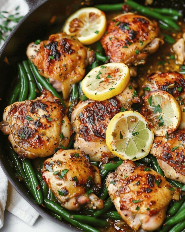 pan-seared-lemon-garlic-chicken-thighs-with-green-beans-and-lemon-slices