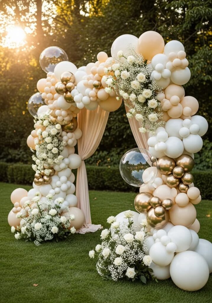 modern-neutral-and-gold-balloon-garland-wedding-arch-with-white-roses