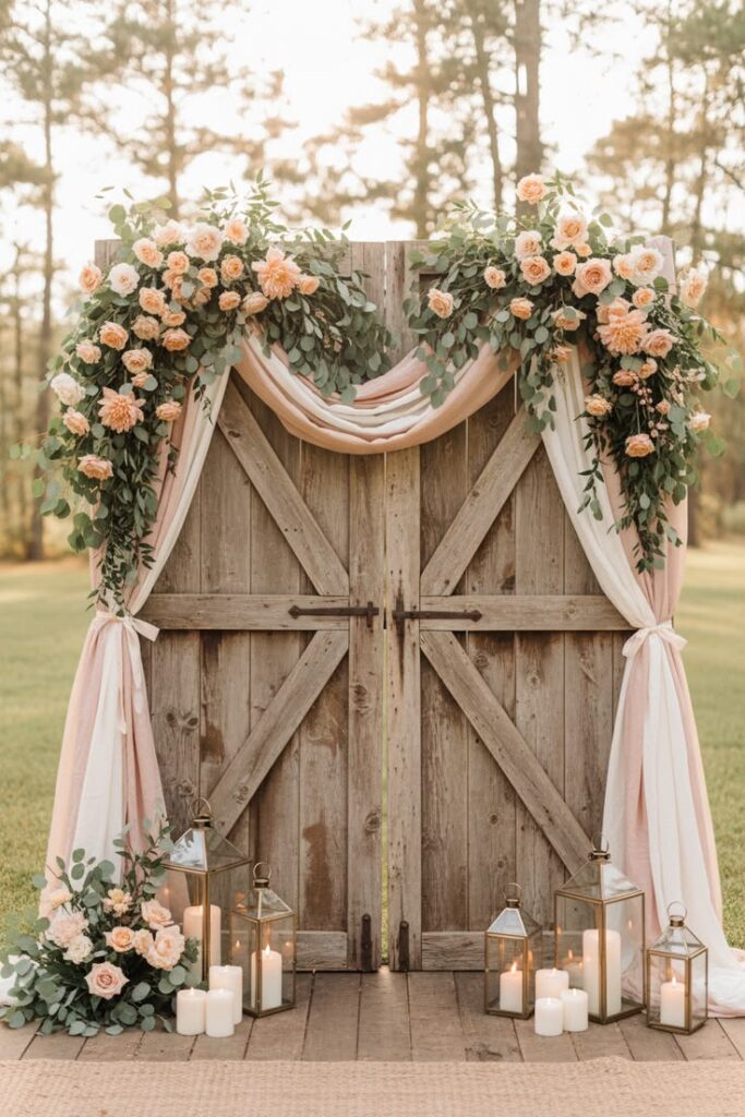 vintage-wooden-barn-door-wedding-backdrop-draped-with-blush-fabric-peach-roses-and-lanterns