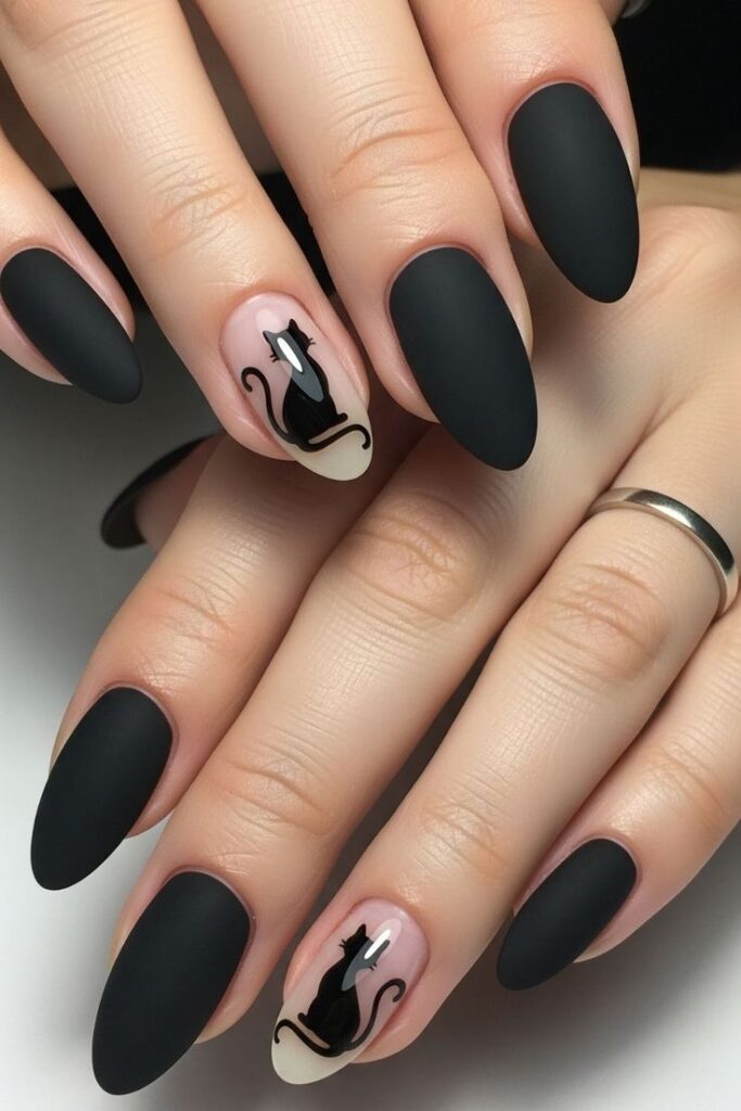 classic-black-cat-silhouette-halloween-nail-art-matte-black-and-nude-accent-nails