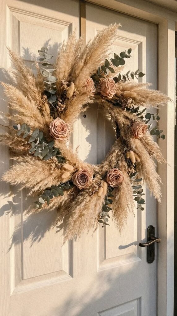 boho-pampas-grass-wreath-with-eucalyptus-and-muted-pink-dried-roses-on-white-door