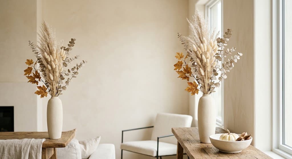 minimalist-autumn-living-room-decor-featuring-tall-ceramic-vases-with-dried-pampas-grass-and-eucalyptus-stems