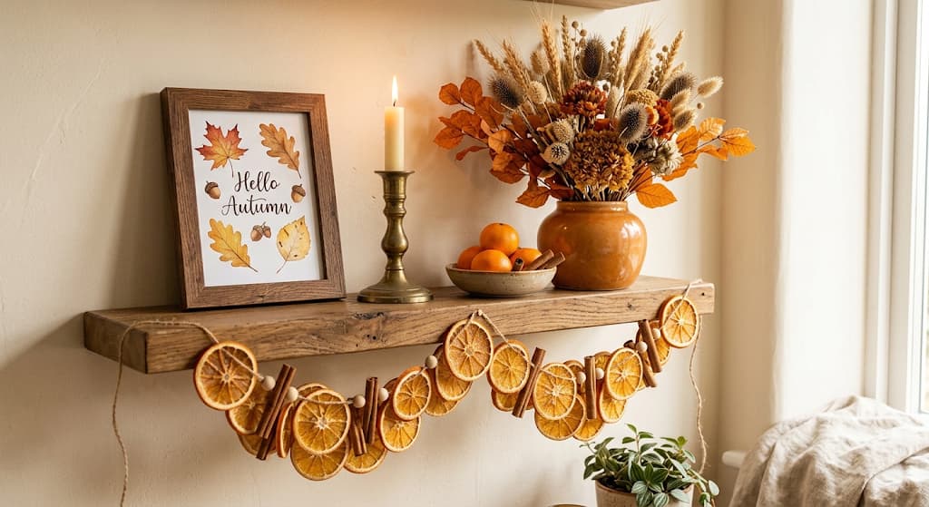 rustic-floating-wooden-shelf-styled-with-dried-orange-garland-autumn-leaf-art-print-and-dried-floral-arrangement