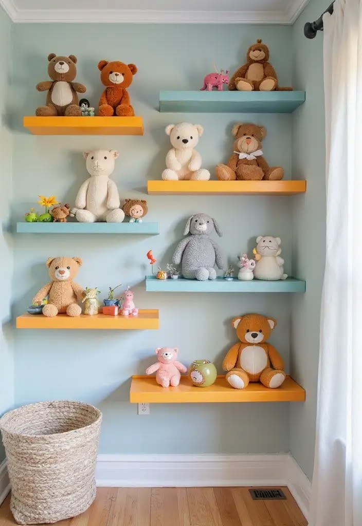 Colorful blue and yellow floating shelves mounted on a wall displaying a collection of stuffed animals and teddy bears.