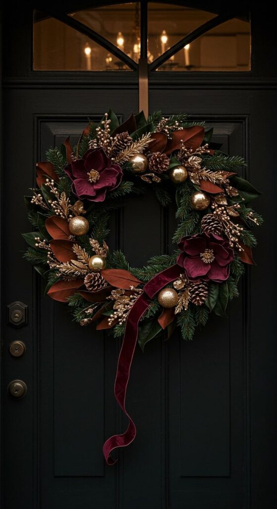 elegant-burgundy-and-gold-fall-wreath-with-magnolias-velvet-ribbon-and-dark-greenery-on-black-door