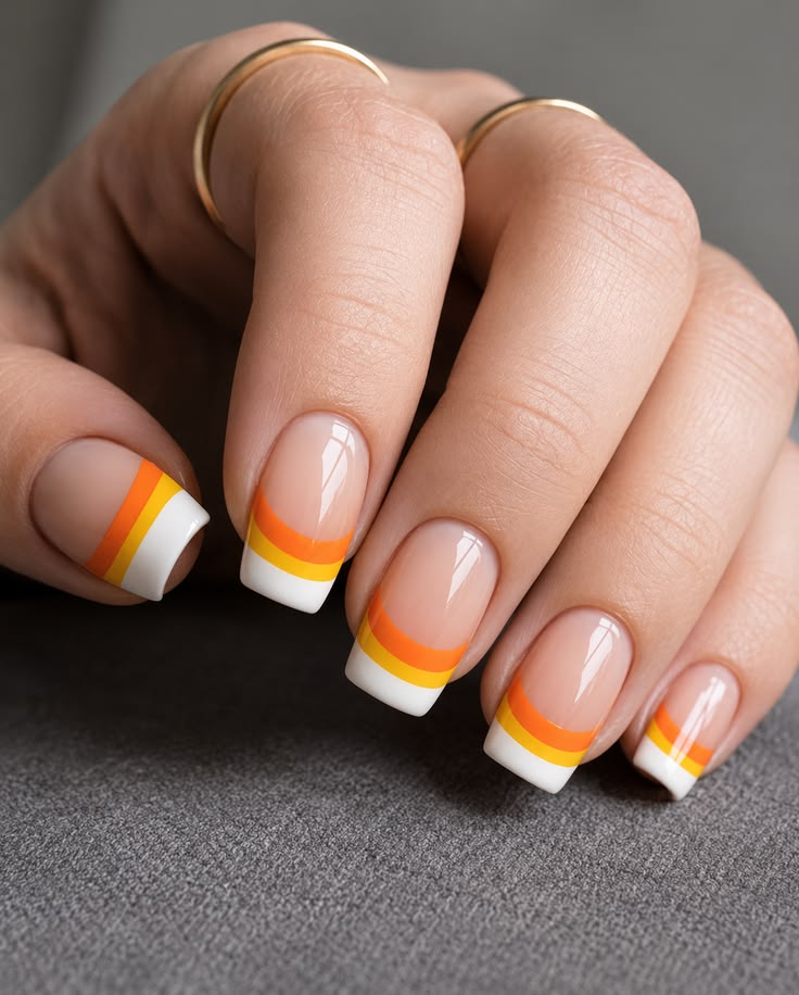 candy-corn-french-tip-halloween-nail-art-with-orange-yellow-and-white-stripes
