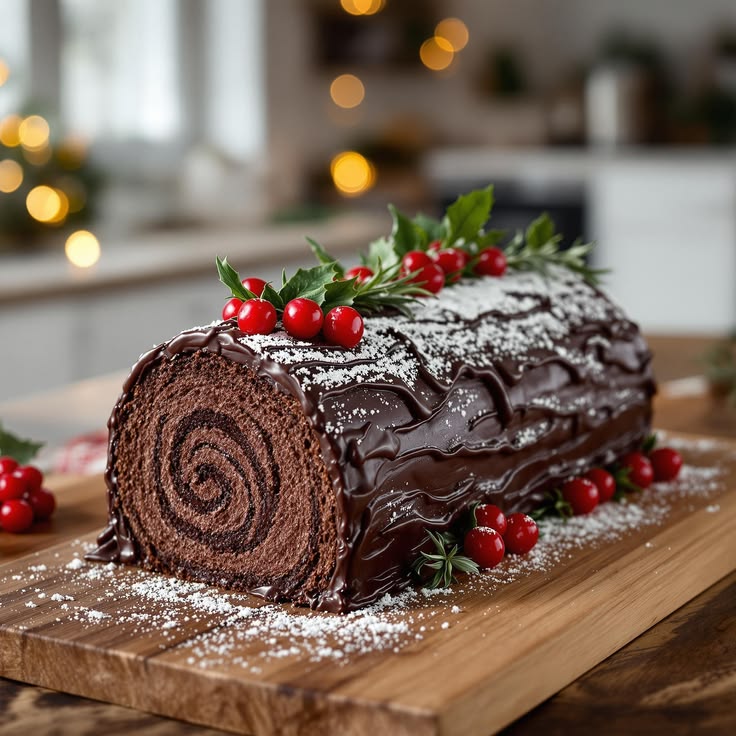 hocolate-yule-log-rolled-cake-dusted-with-powdered-sugar-and-decorated-with-holly-berries