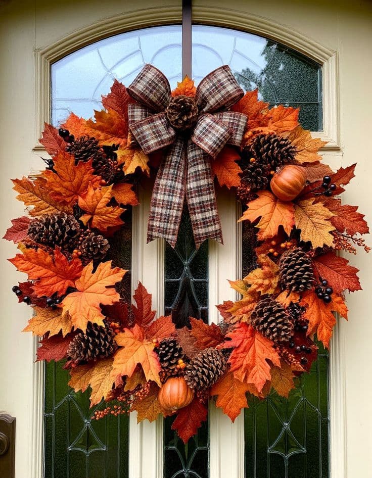 classic-autumn-leaf-wreath-with-plaid-bow-pinecones-and-orange-leaves
