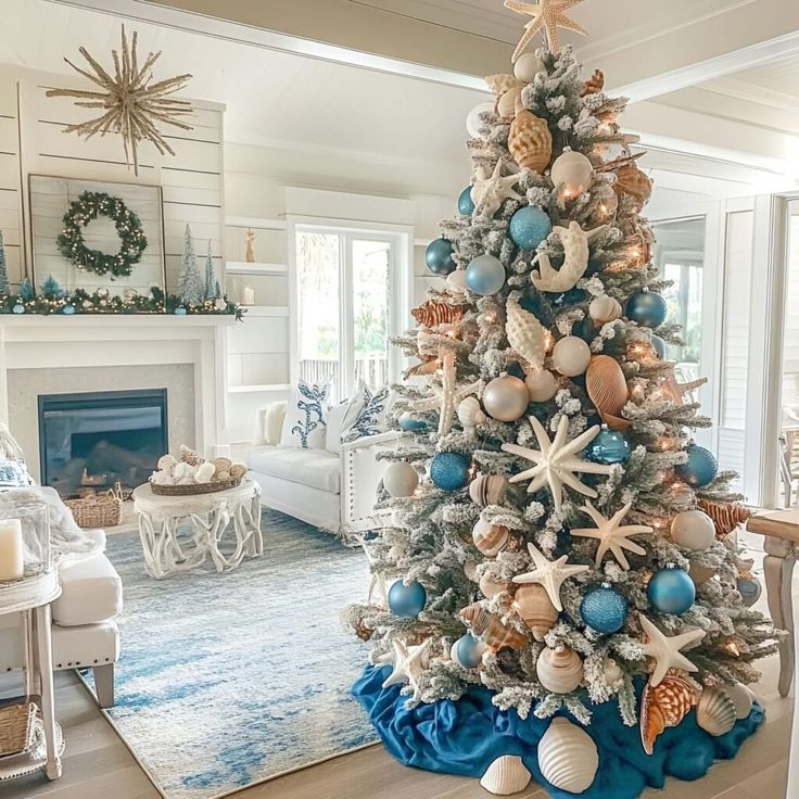 coastal-beachy-christmas-tree-decorated-with-starfish-seashell-ornaments-and-ocean-blue-baubles