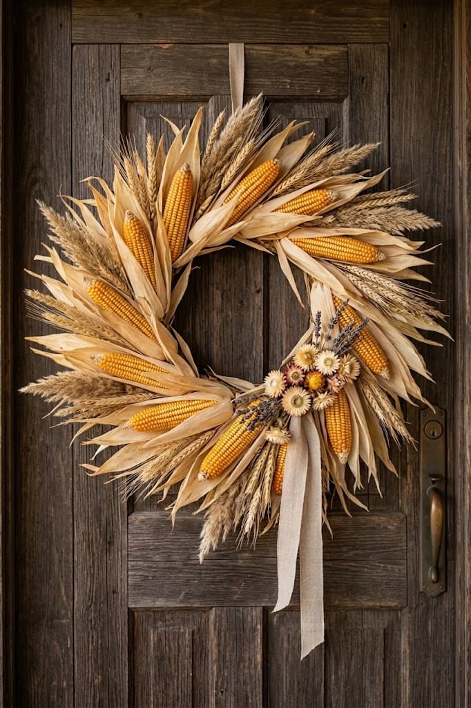 rustic-corn-husk-and-corn-cob-fall-wreath-with-wheat-dried-flowers-and-linen-ribbon-on-dark-wooden-door