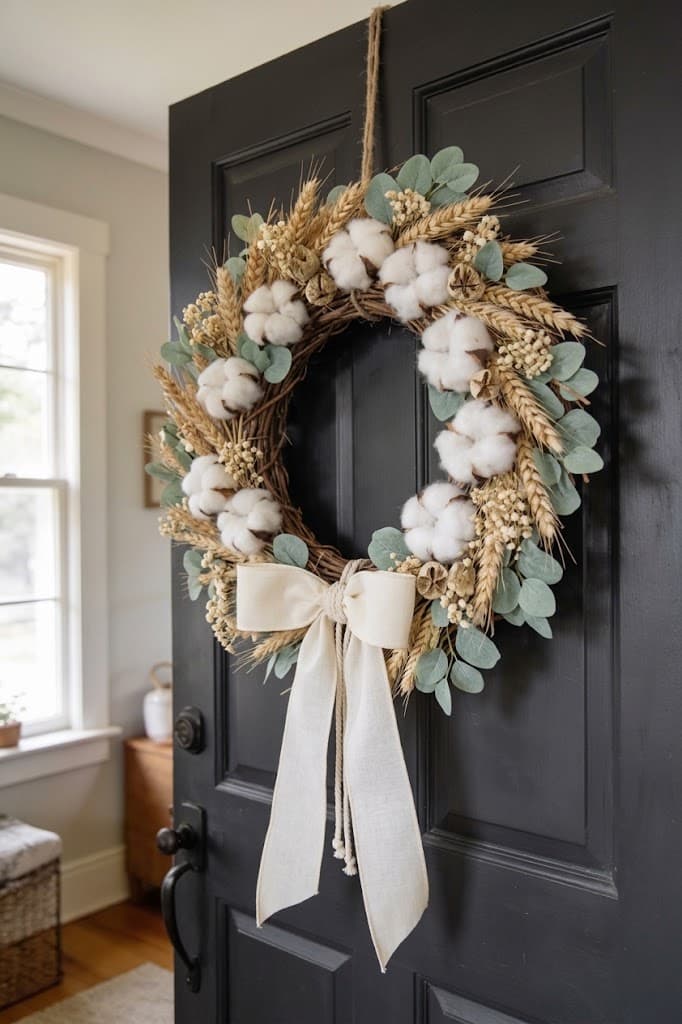 rustic-wreath-on-black-door-with-cotton-bolls-wheat-and-eucalyptus