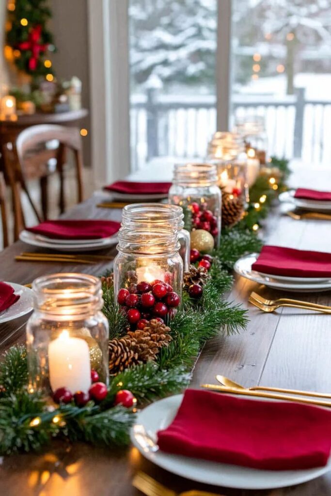 christmas-table-runner-mason-jars-red-cranberries-lit-white-candles-evergreen-garland-pinecones