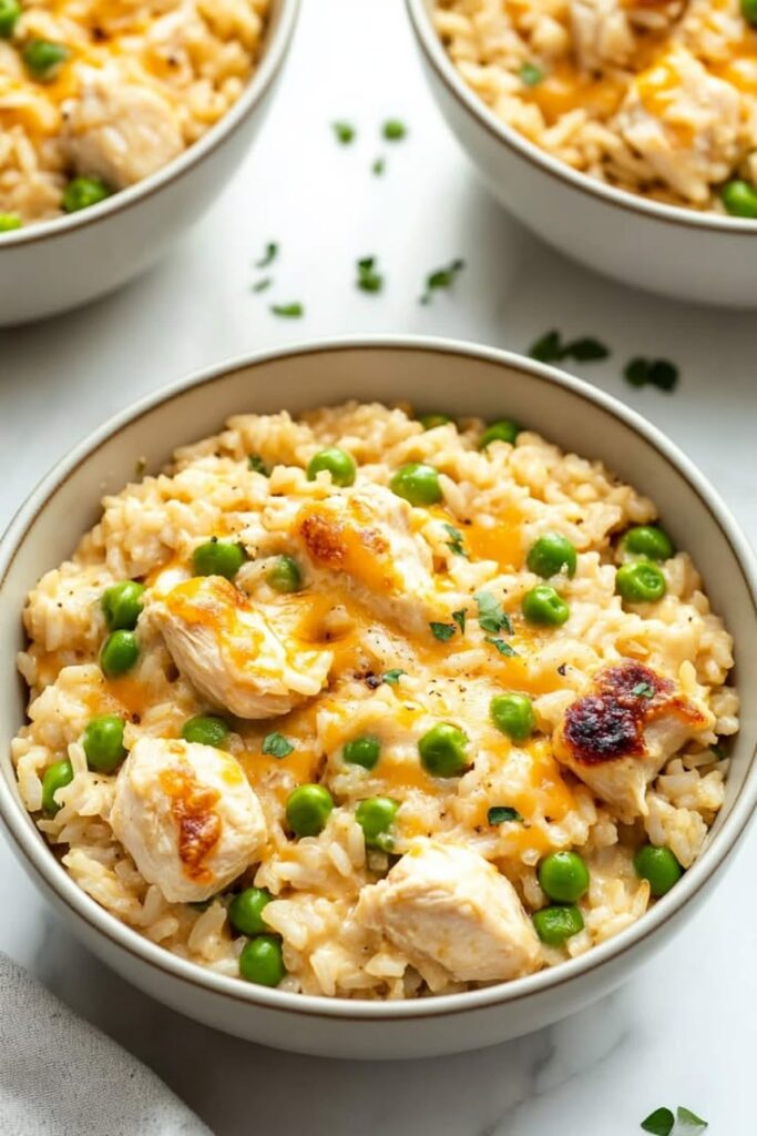 creamy-cheesy-chicken-and-rice-casserole-bowl-with-green-peas-easy-dinner-recipes