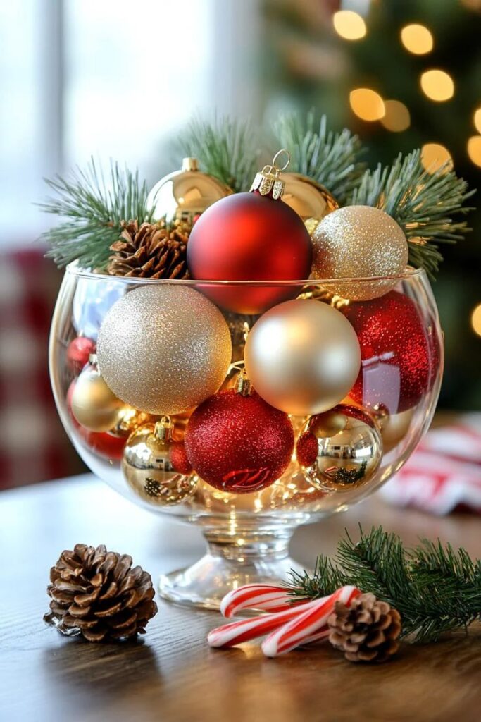 clear-glass-pedestal-bowl-filled-with-red-gold-glitter-matte-glossy-christmas-ornaments-pine-sprigs-pinecones-candy-canes-festive-tabletop-centerpiece-bokeh-background