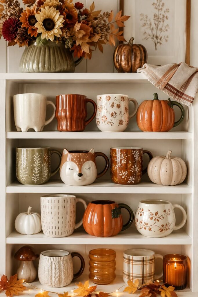 white-open-shelves-displaying-fall-mugs-pumpkin-mugs-autumn-decorations