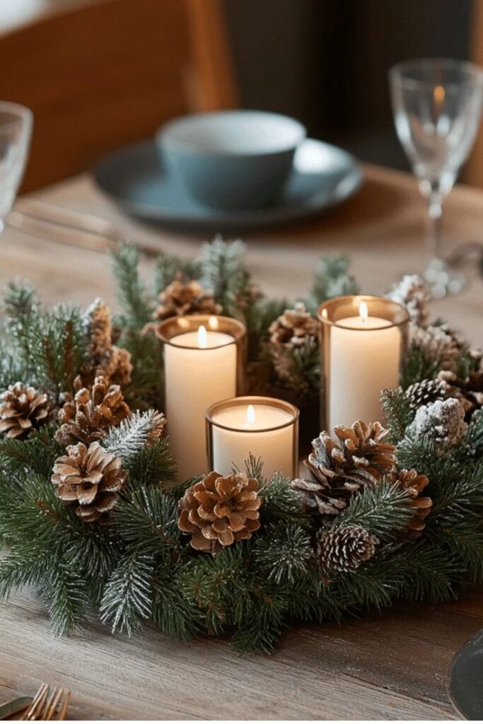 rustic-christmas-table-centerpiece-pinecone-evergreen-wreath-three-lit-pillar-candles-glass-votives-wooden-dining-table