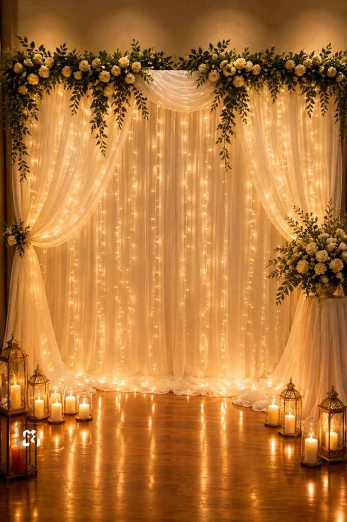 draped-white-chiffon-wedding-backdrop-with-fairy-lights-and-white-rose-garland