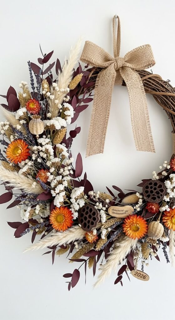 boho-dried-floral-fall-wreath-with-strawflowers-babys-breath-dried-grasses-and-burlap-bow