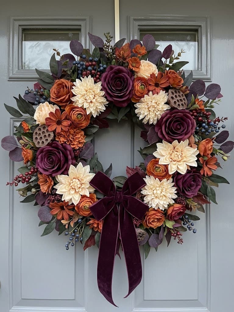 elegant-fall-floral-wreath-with-plum-roses-cream-dahlias-and-deep-purple-velvet-bow-on-grey-door