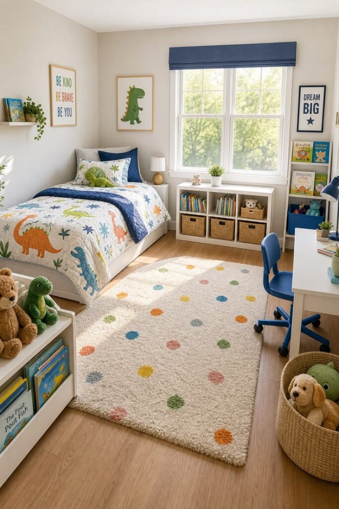 dinosaur-themed-elementary-school-kids-bedroom-with-a-fun-quilt-neutral-furniture-and-a-study-desk-kids-bedroom-decor-ideas