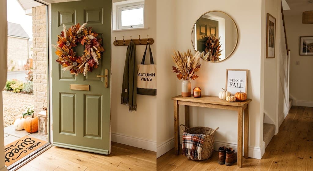 fall-apartment-entryway-with-autumn-wreath-on-green-door-wooden-console-table-round-mirror-and-mini-pumpkins