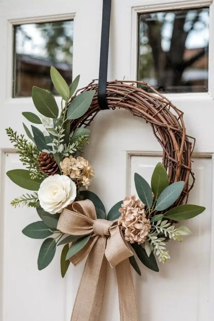 minimalist-eucalyptus-and-cream-floral-wreath-with-linen-bow-on-white-door