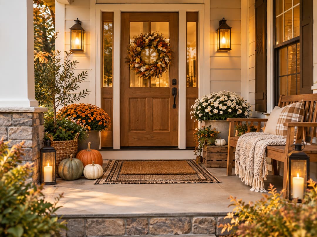 cozy-fall-front-porch-decor-wreath-pumpkins-mums-wooden-bench-Fall-Front-Porch-Decor-Ideas