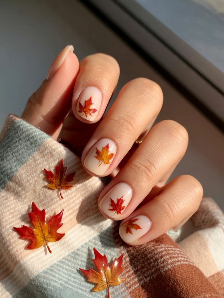 milky-nude-short-nails-with-single-autumn-maple-leaf-on-each-finger