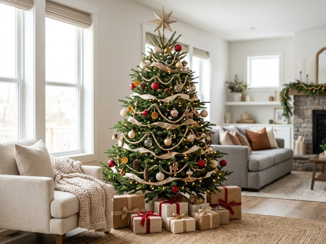 cozy-living-room-with-elegantly-decorated-christmas-tree-featuring-gold-ribbon-beaded-garland-dried-oranges-and-a-star-topper-christmas-tree-theme-idea