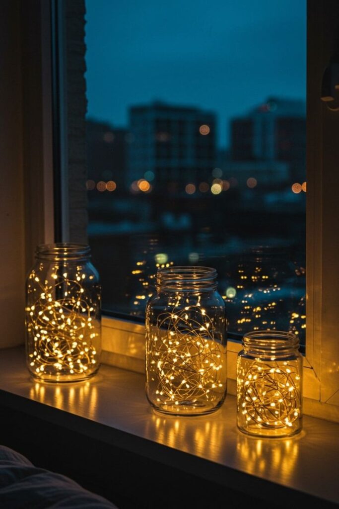 three-mason-jars-filled-with-glowing-warm-fairy-lights-on-a-windowsill