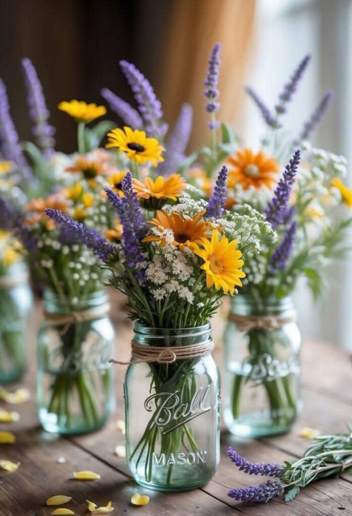 clear-and-blue-tinted-mason-jars-filled-with-wildflowers-and-lavender-on-a-wooden-table