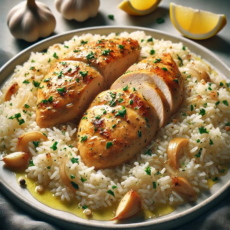 sliced-garlic-butter-chicken-breast-served-over-a-bed-of-white-rice-with-garlic-cloves-and-lemon-wedges