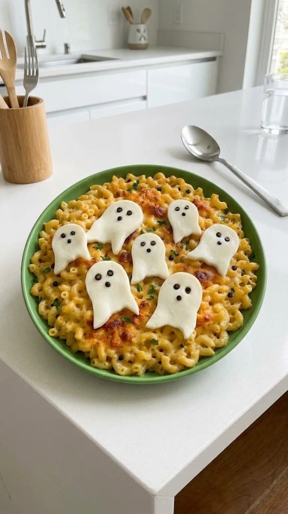 ghost-mac-and-cheese-with-mozzarella-ghosts-on-a-green-plate