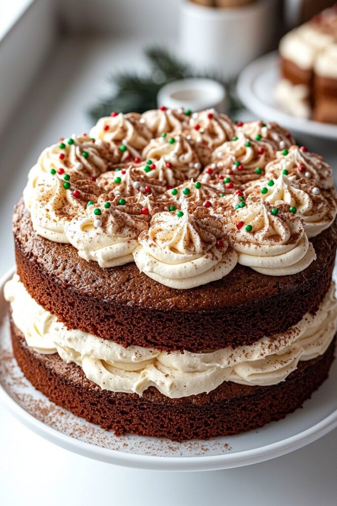 gingerbread-spiced-layer-cake-with-piped-cream-cheese-frosting-ground-cinnamon-and-festive-sprinkles