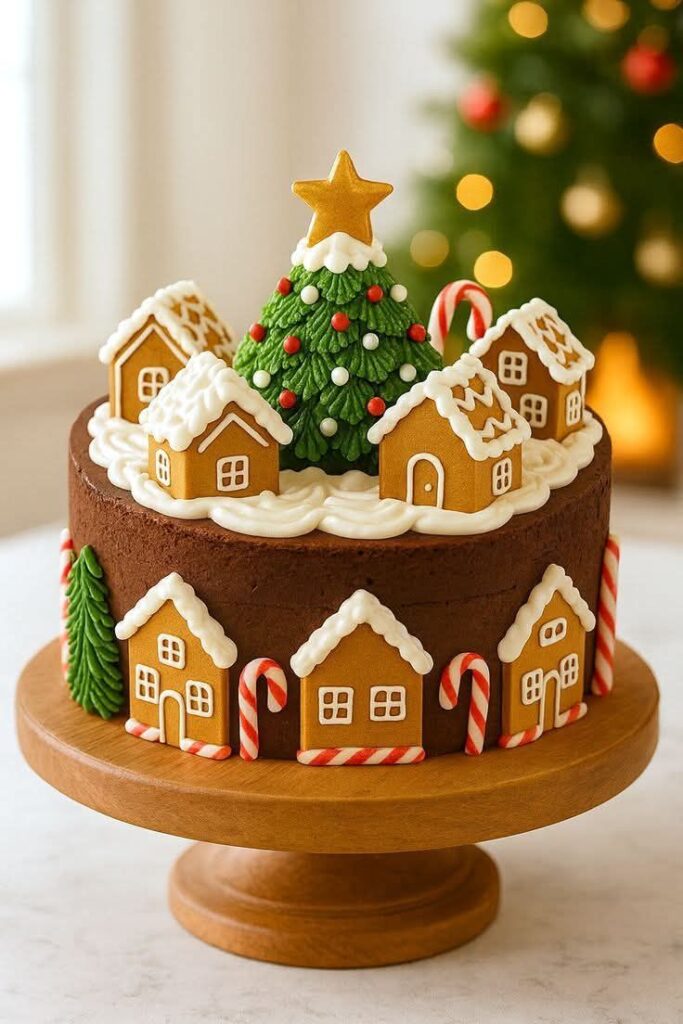 round-chocolate-cake-decorated-with-gingerbread-house-cookies-mini-cottages-and-a-christmas-tree