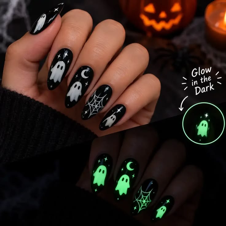 glow-in-the-dark-ghost-and-spiderweb-halloween-nail-art-on-black-base